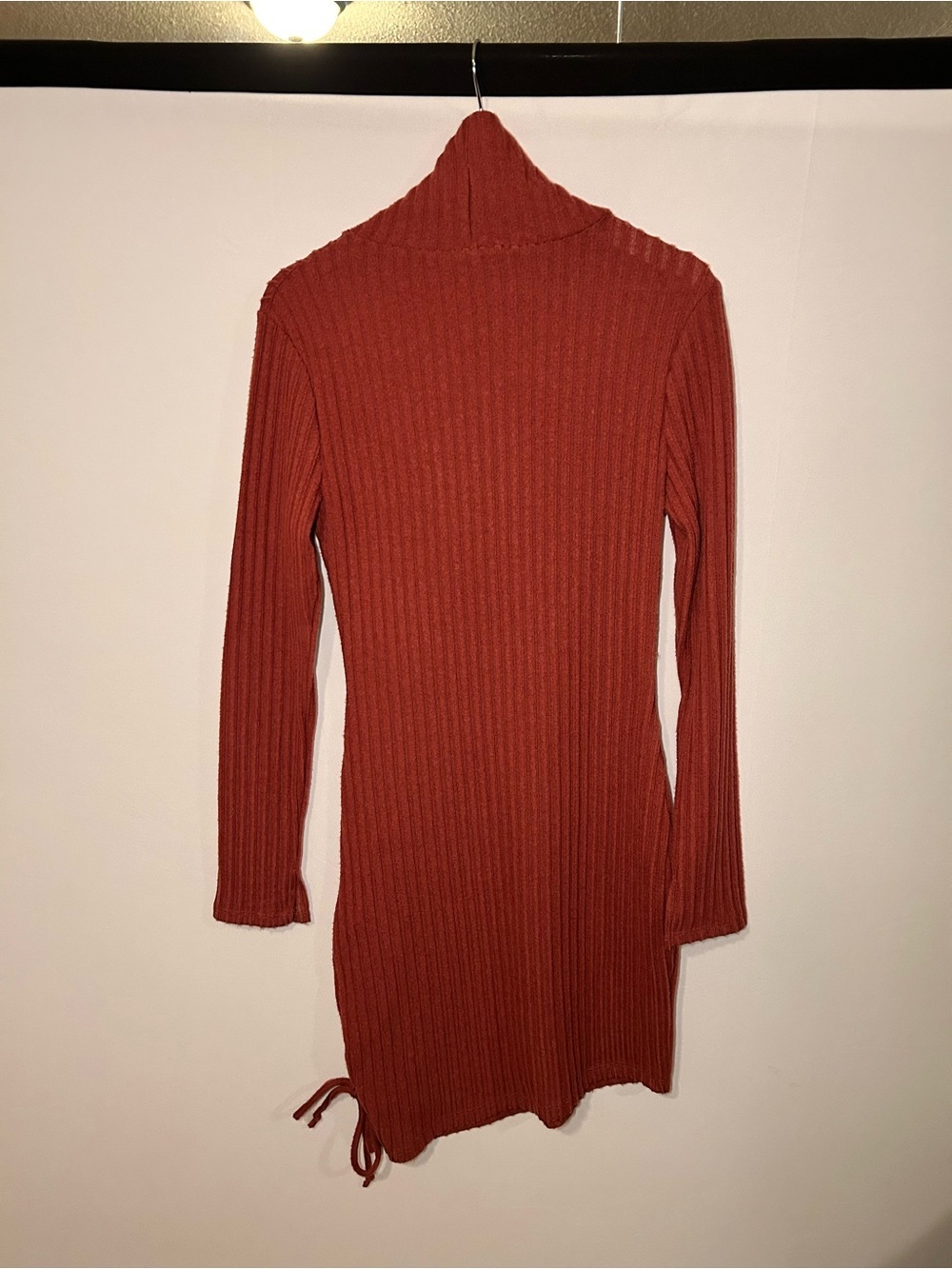 Rust Ribbed Cowl Neck Ruched Sweater Dress L - Picture 5 of 7